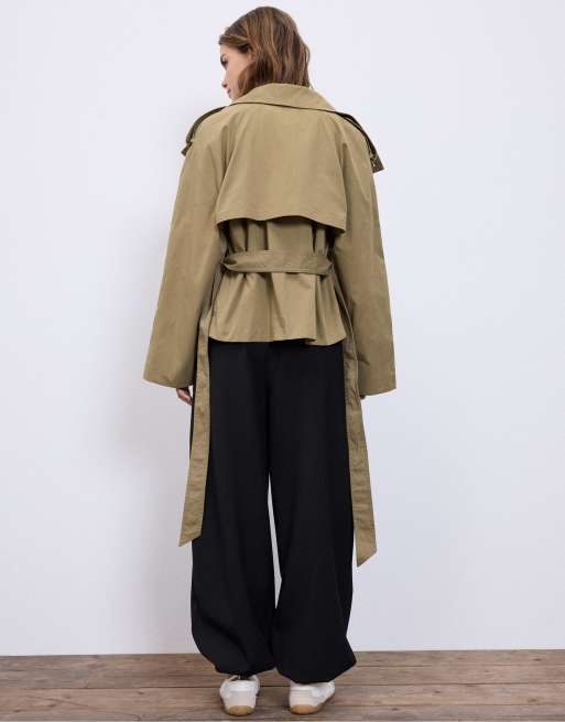 Stradivarius - Trench accollato verde oliva con cintura, 4 di 4