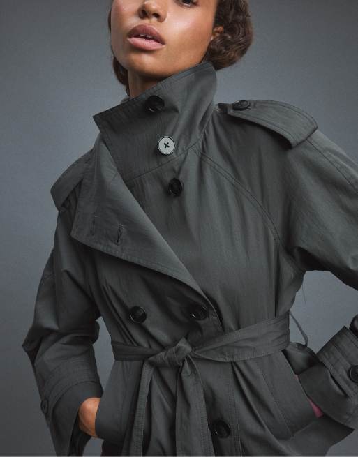 Stradivarius - Trench-coat à col montant avec ceinture - Gris foncé, 3 de 7