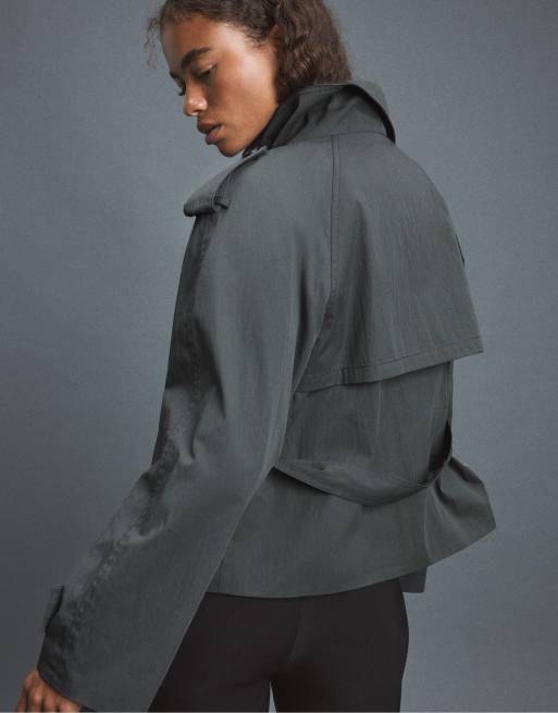 Stradivarius - Trench-coat à col montant avec ceinture - Gris foncé, 4 de 7