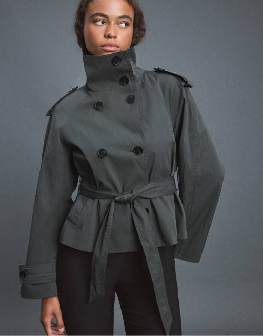 Stradivarius - Trench-coat à col montant avec ceinture - Gris foncé, 5 de 7