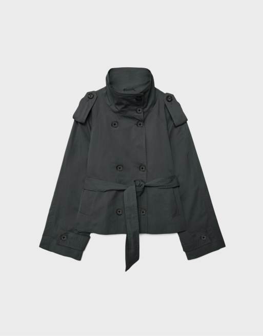 Stradivarius - Trench-coat à col montant avec ceinture - Gris foncé, 6 de 7