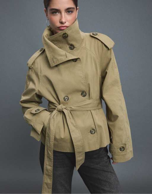 Stradivarius - Trench-coat à col montant avec ceinture - Vert olive, 5 de 7
