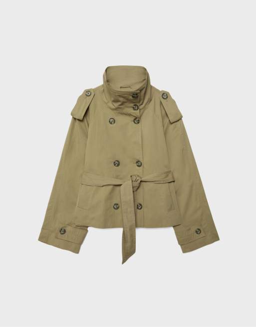 Stradivarius - Trench-coat à col montant avec ceinture - Vert olive, 6 de 7