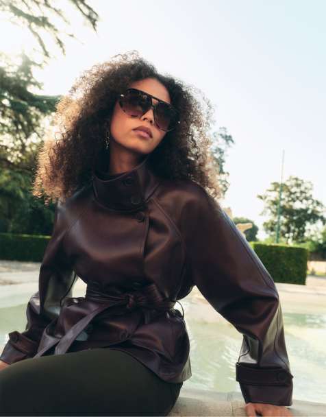 Stradivarius trench-coat à col montant bordeaux - view 1