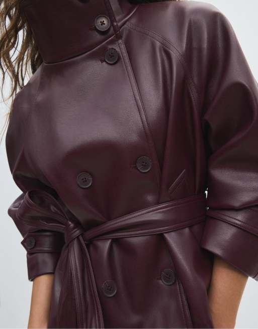 Stradivarius trench-coat effet cuir à col montant bordeaux, 5 de 7