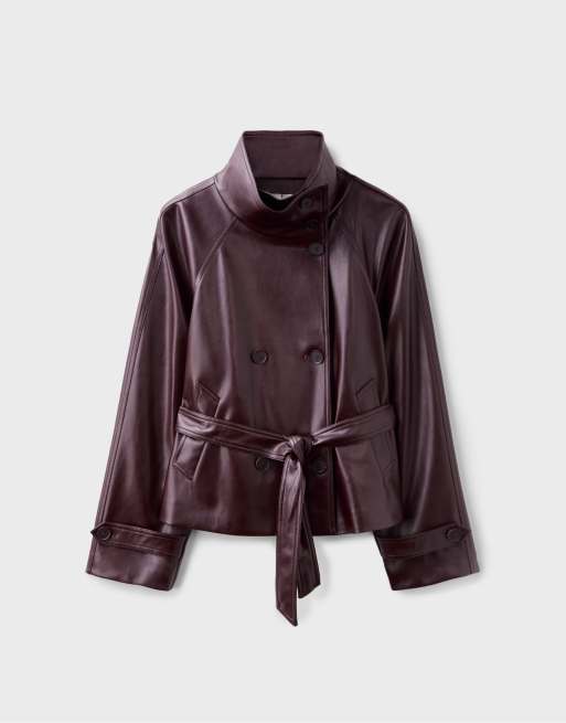 Stradivarius trench-coat effet cuir à col montant bordeaux, 6 de 7