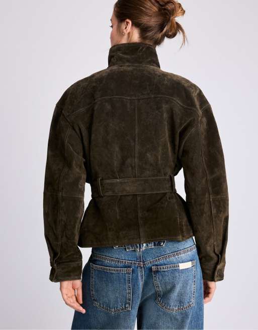 Stradivarius trench-coat en cuir 100 % à col montant avec ceinture, olive, 3 de 7