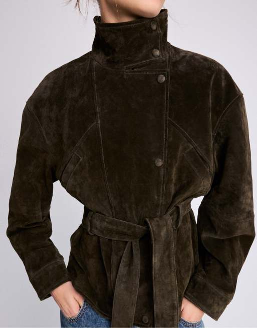 Stradivarius trench-coat en cuir 100 % à col montant avec ceinture, olive, 4 de 7