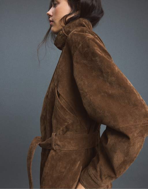 Stradivarius trench-coat en cuir à col montant avec ceinture marron, 2 de 7