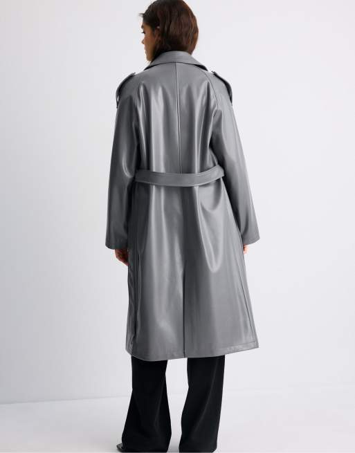 Stradivarius trench-coat long effet cuir gris foncé, 3 de 7