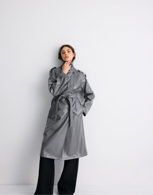 Stradivarius trench-coat long effet cuir gris foncé, 5 de 7