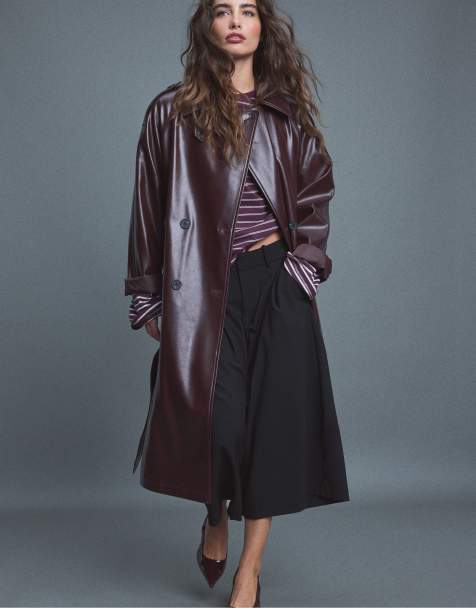 Stradivarius trench-coat long effet cuir violet - view 1