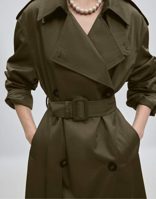 Stradivarius trench coat lungo basic in khaki, 4 di 7