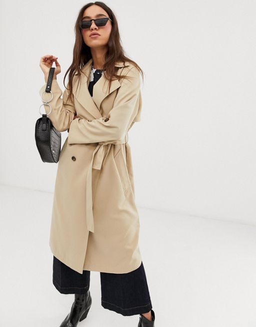 Stradivarius trench coat with tortoise effect buttons in beige | ASOS