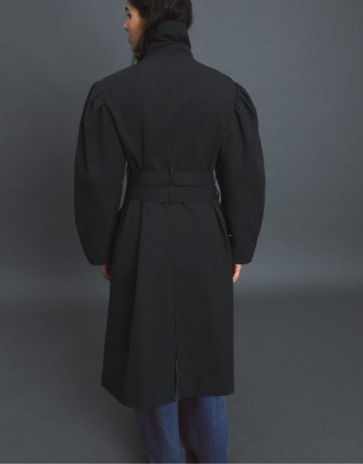 Stradivarius Trench coat with voluminous sleeves in black, 3 of 7