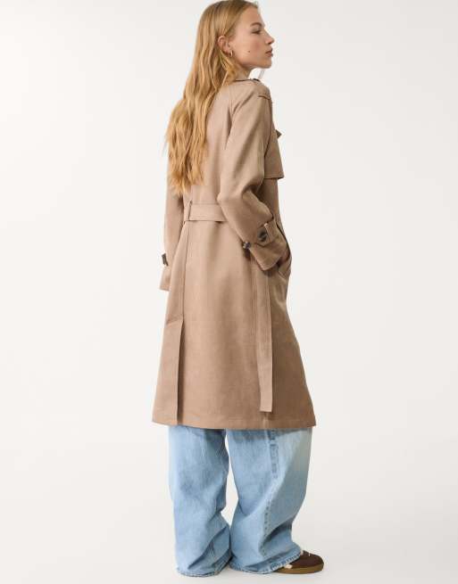 Stradivarius - Trench color caramello in pelle sintetica scamosciata, 2 di 4