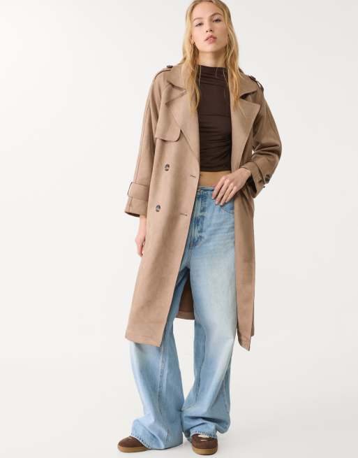 Stradivarius - Trench color caramello in pelle sintetica scamosciata, 4 di 4