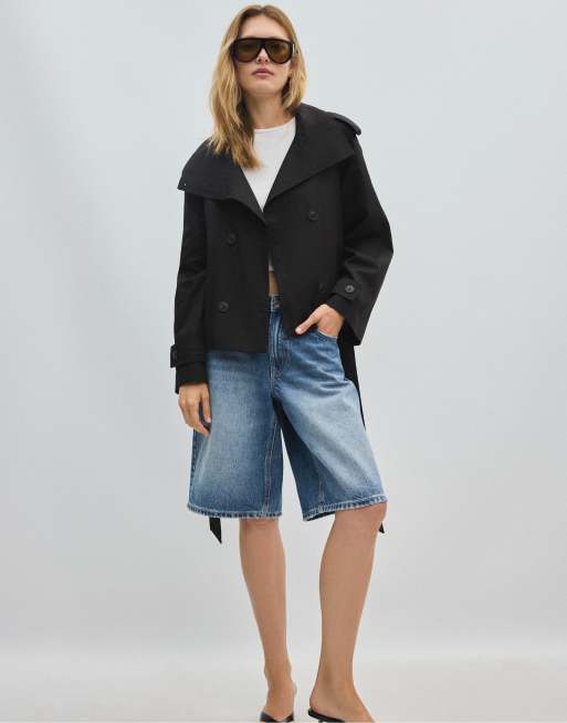 Stradivarius trench con collo alto e cintura nero, 5 di 7