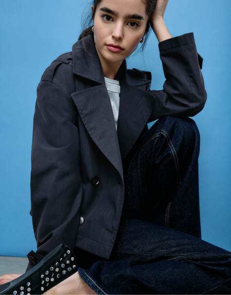 Stradivarius - Trench corto doppiopetto blu navy - view 1