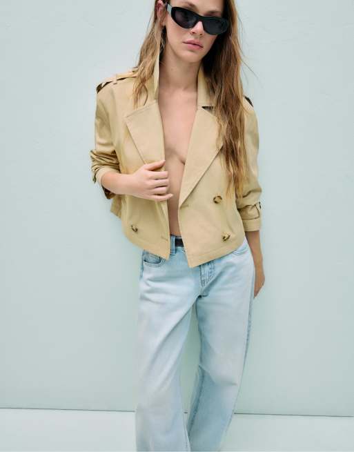 Stradivarius - Trench corto doppiopetto color pietra