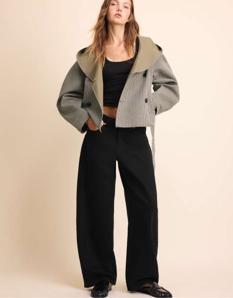 Stradivarius trench corto reversibile a quadri color kaki - view 1