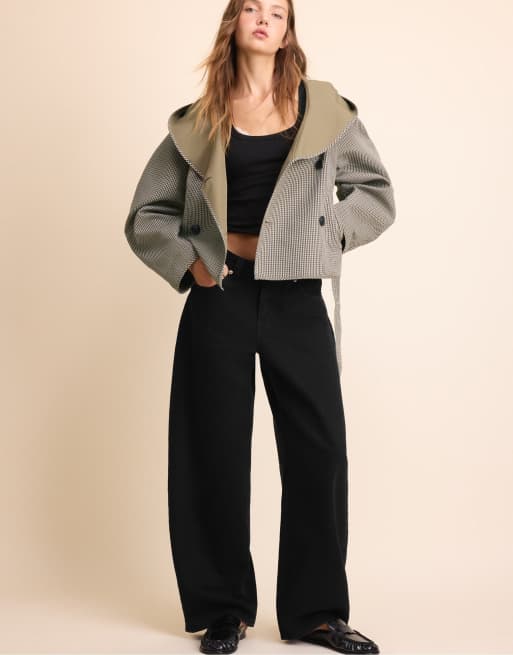 Stradivarius trench corto reversibile a quadri color kaki, 1 di 7