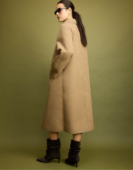 Stradivarius trench reversibile lungo a quadri beige, 3 di 7
