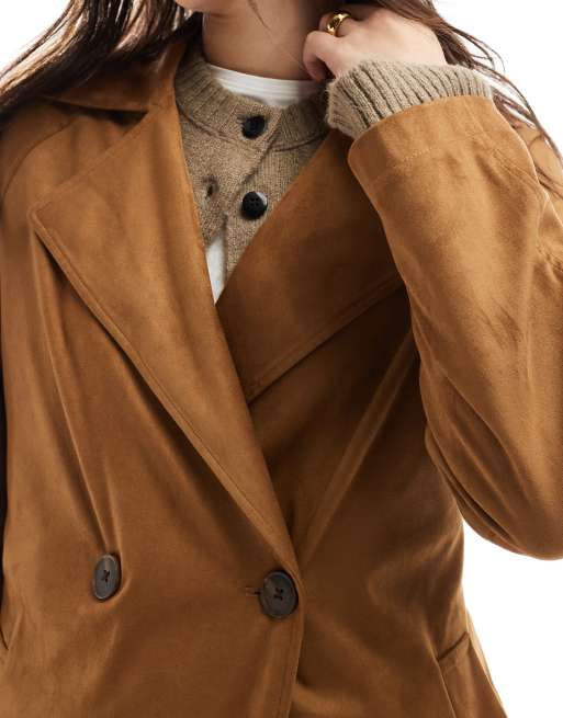 Stradivarius – Trenchcoat aus Wildlederimitat in Kamelbraun ASOS