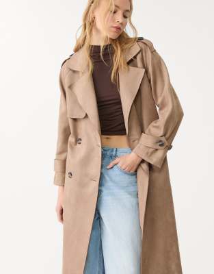 Stradivarius - Trenchcoat aus Wildlederimitat in Karamell-Braun