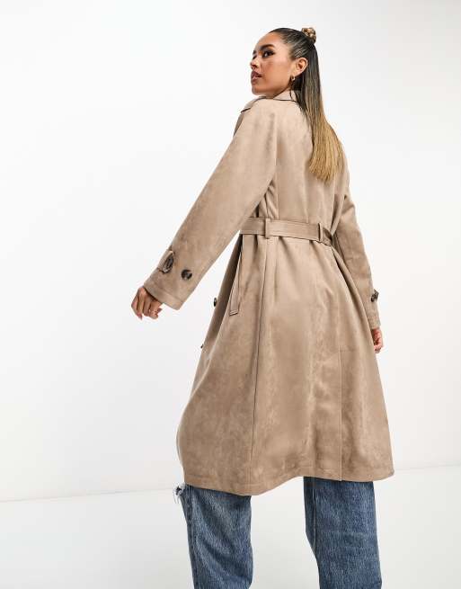 Stradivarius – Trenchcoat aus Wildlederimitat in Steinbeige ASOS