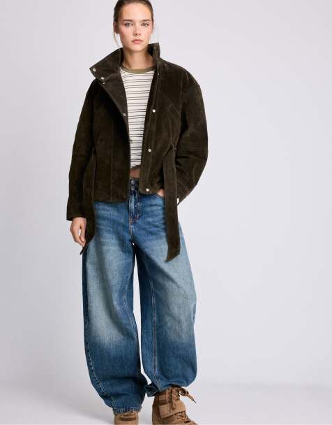 Stradivarius trenchcoat i 100% skinn med hög krage och skärp i olivgrön - view 1