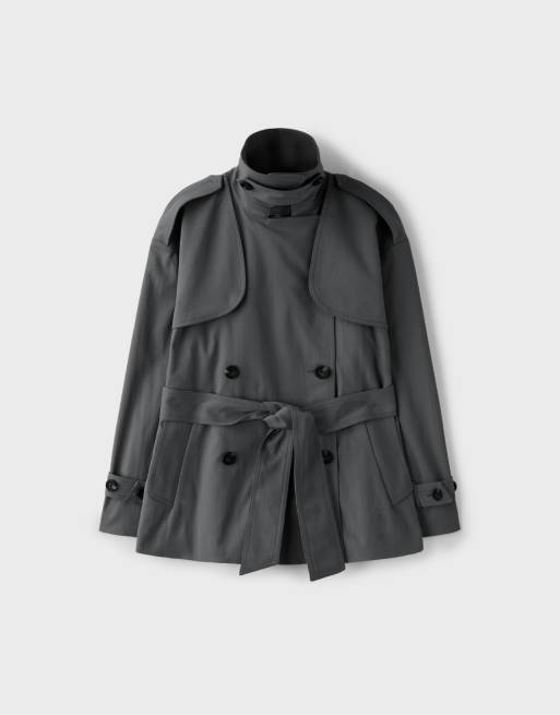 Stradivarius trenchcoat med hög krage i mörkgrått, 6 av 7