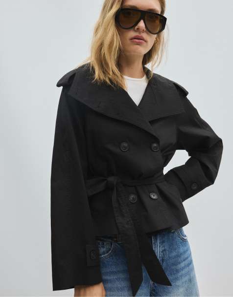 Stradivarius trenchcoat med hög krage och skärp i svart - view 1
