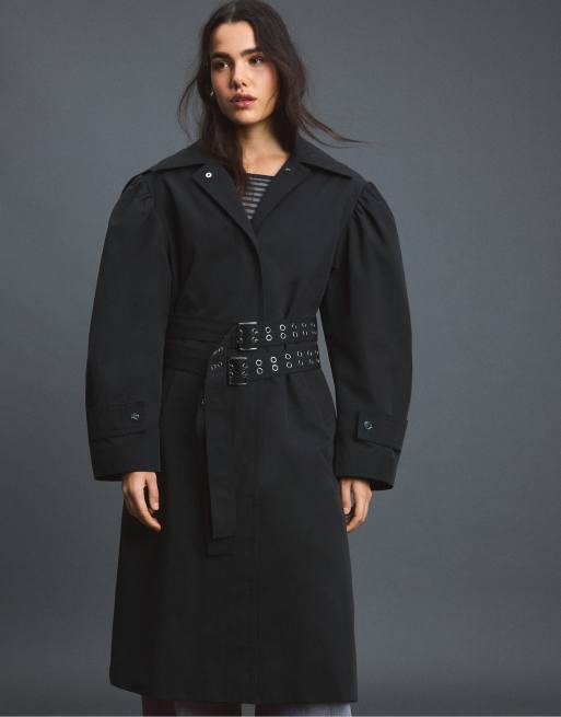 Stradivarius trenchcoat med voluminøse ærmer i sort, 5 af 7