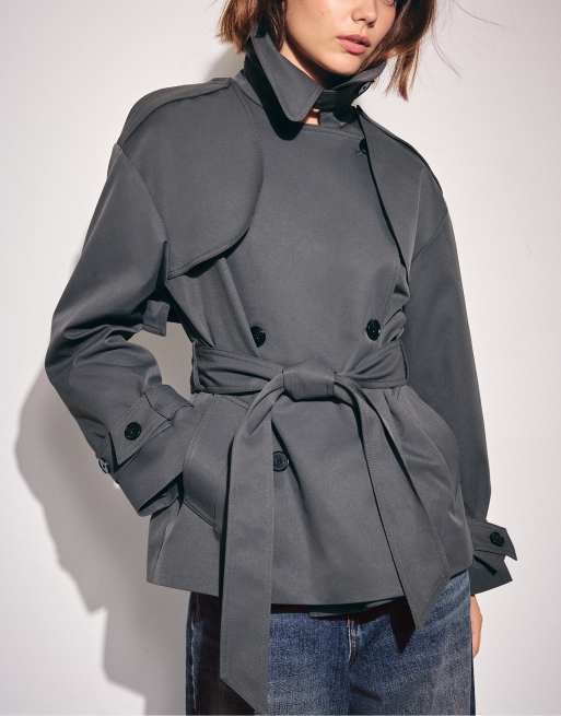Stradivarius Trenchcoat mit hohem Kragen in Dunkelgrau, 5 von 7