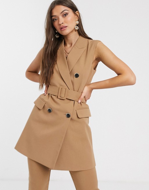 Stradivarius tri-set double breasted waistcoat dress with belt in camel