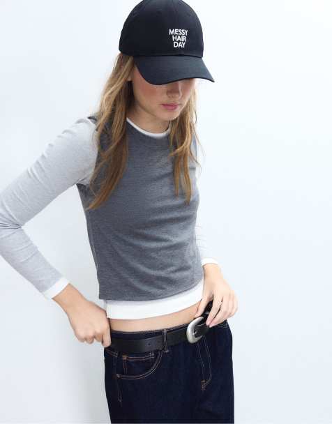 Stradivarius Triple garment long sleeve t-shirt in dark grey - view 1