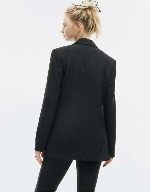 Stradivarius - Tætsiddende og rustik sort blazer, 4 af 4