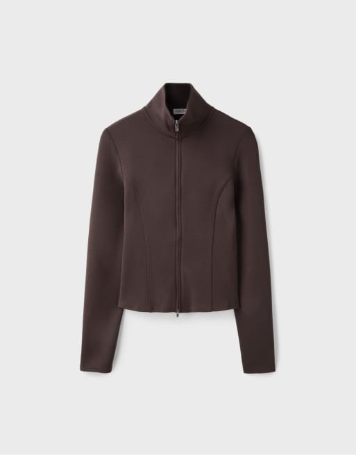 Stradivarius tætsiddende sweatshirt med lynlås i brun, 6 af 7