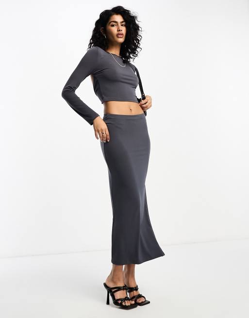 Stradivarius long sleeve top and skirt set in dark gray