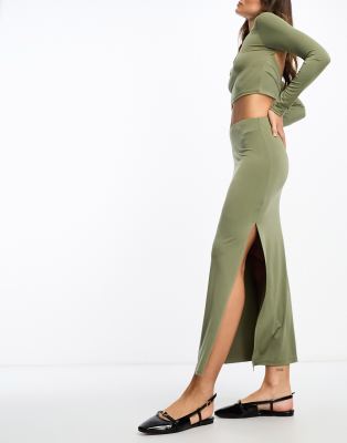 Stradivarius Tube Midi Skirt In Khaki - Part Of A Set-green