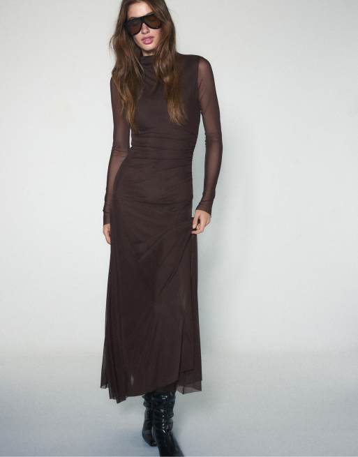 Stradivarius Tulle long sleeve midi dress in brown, 5 of 7