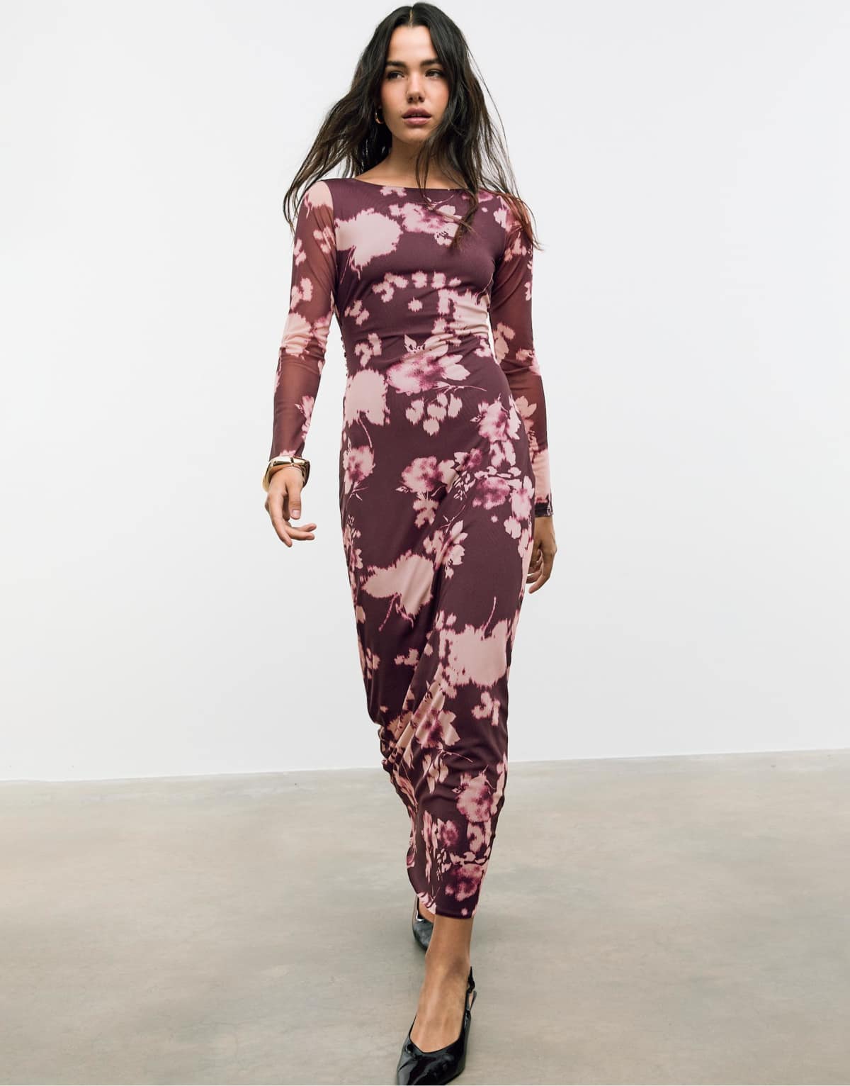 Stradivarius Tulle midi dress with open back in purple