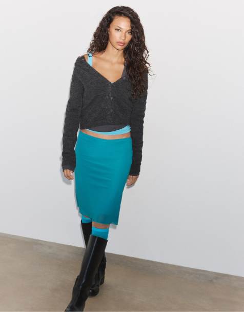 Stradivarius Tulle midi skirt in turquoise - view 1