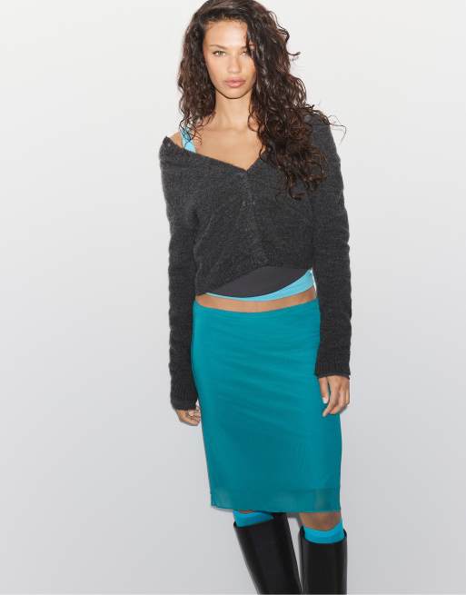 Stradivarius Tulle midi skirt in turquoise, 2 of 7
