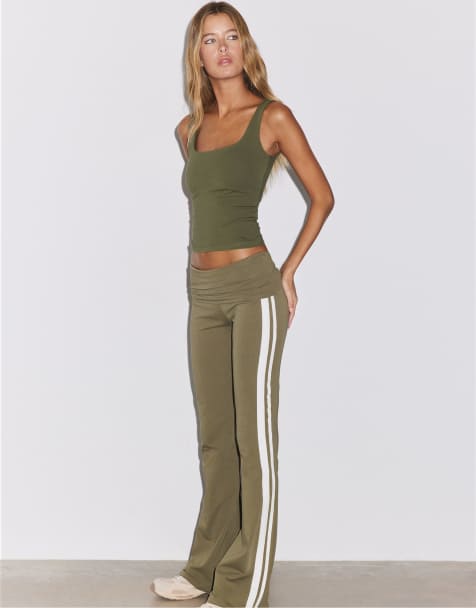 Stradivarius Turn-down waist bell bottom trousers in khaki - view 1