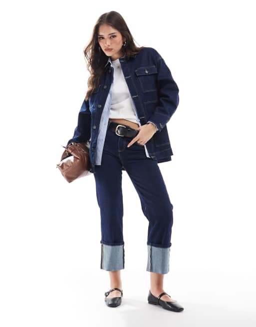 Stradivarius turn up leg straight jeans in indigo (part of a set)