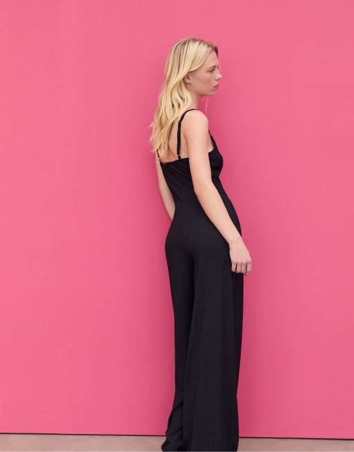Stradivarius - Tuta jumpsuit morbida nera con spalline sottili, 3 di 4