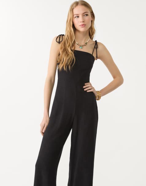 Stradivarius - Tuta jumpsuit nera con spalline allacciate - view 1