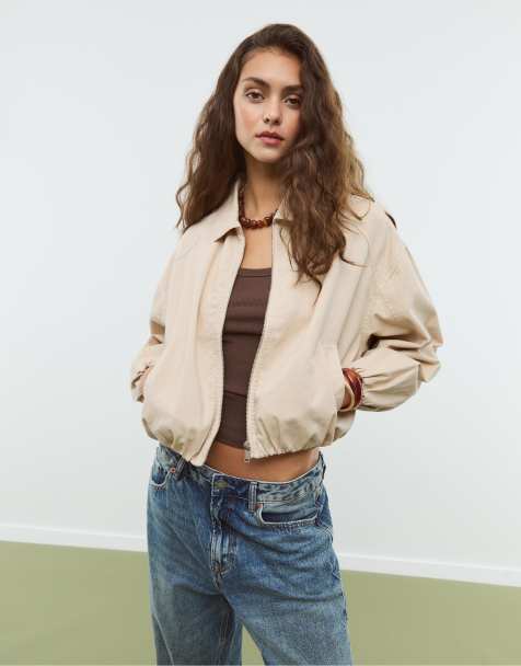 Stradivarius – Twill-Ballonjacke in Steinbeige - view 1